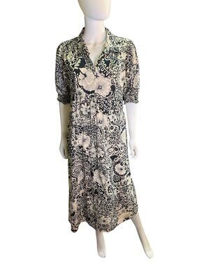 Umgee Womens Black & Cream Floral Print Midi Puff Sleeve Dress Size L Cotton EUC